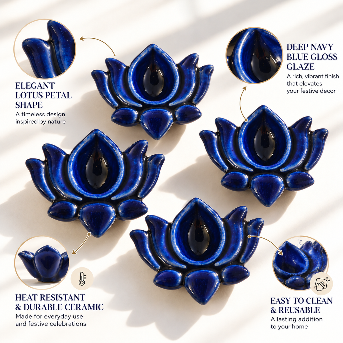 Lotus Dark Blue Ceramic Diya's Set of 4