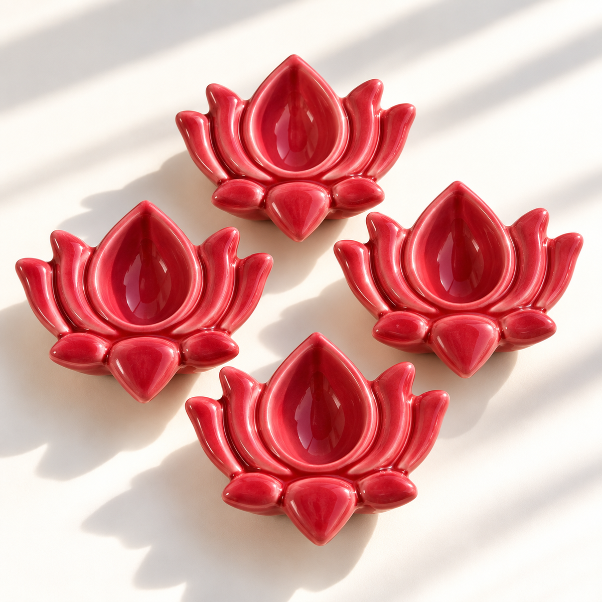 Red Lotus Ceramic Diya's Set of 4