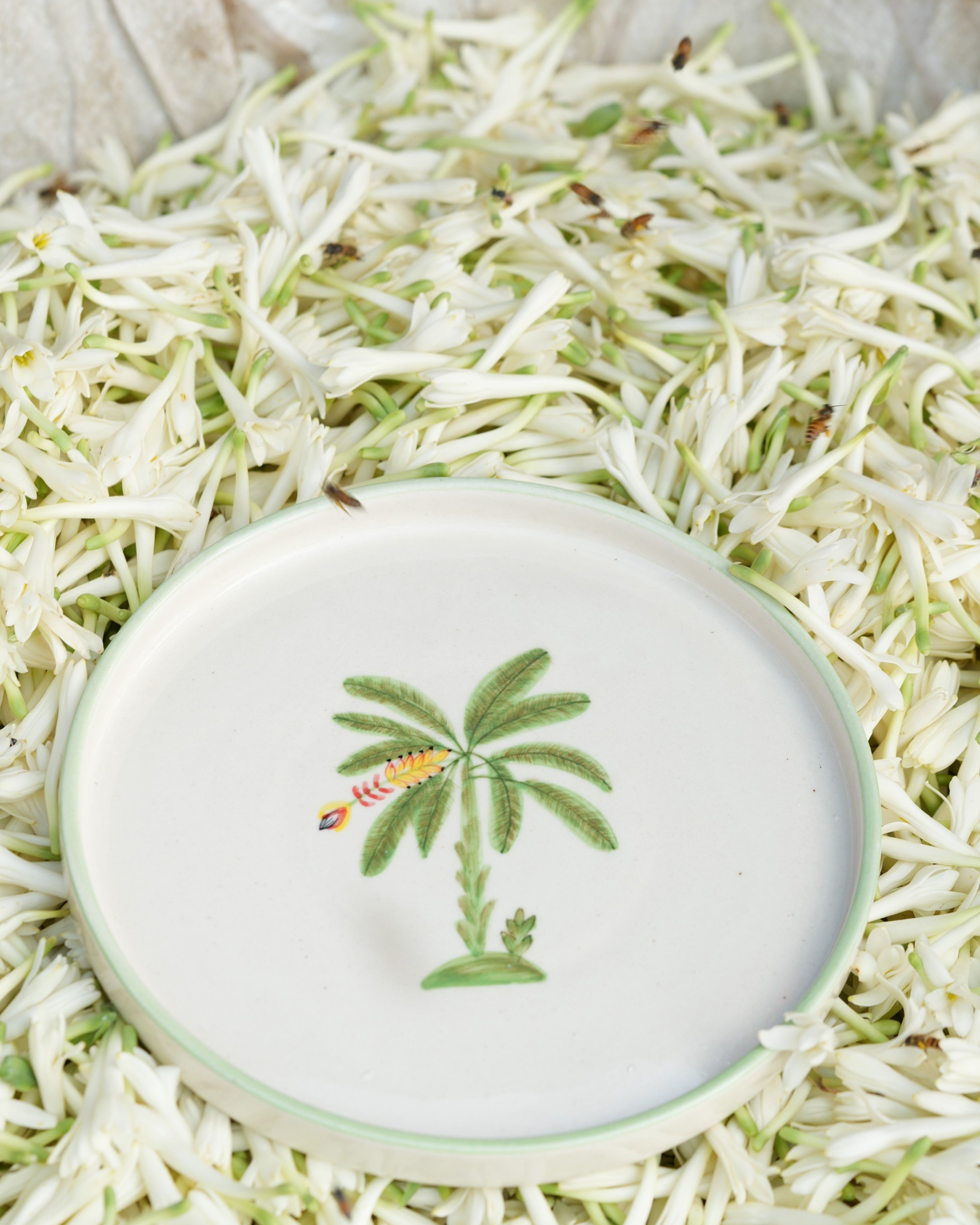 Cabbage slaw with a decorative lid featuring a palm tree design.