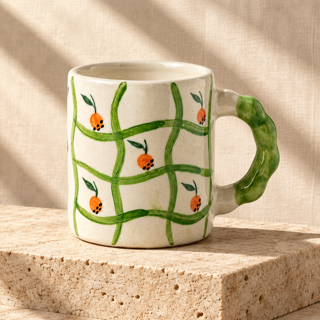 Ceramic mug with green vine and orange fruit design on a white background