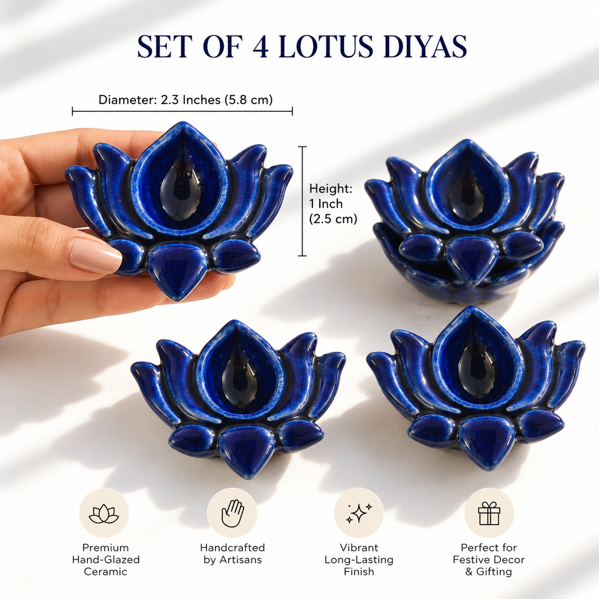 Lotus Dark Blue Ceramic Diya's Set of 4