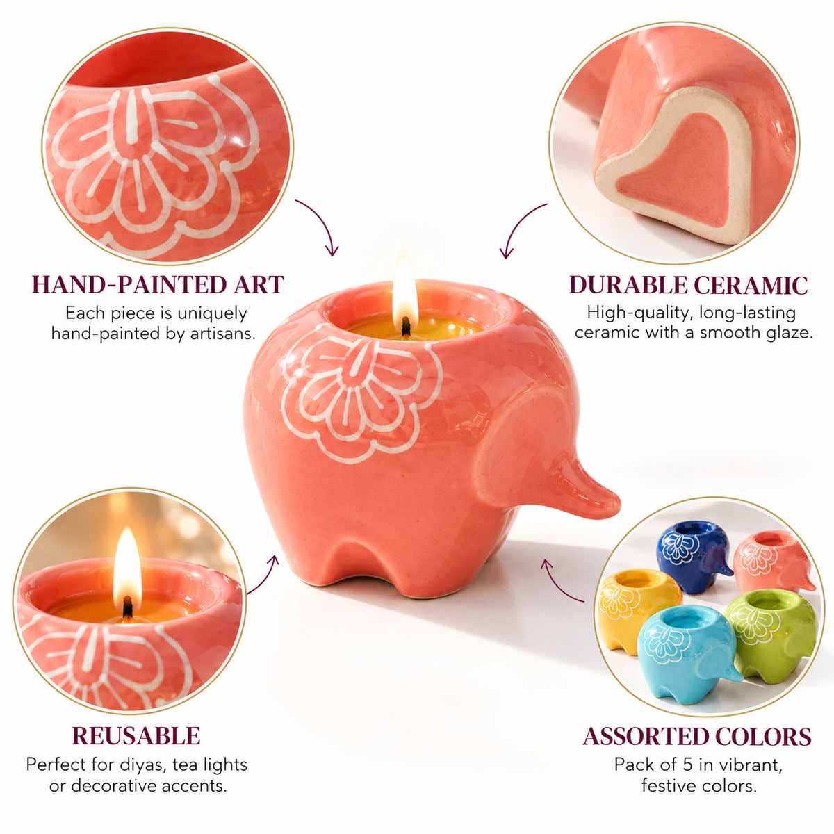 The Rainbow Elephant: Ceramic Diya (Assorted Pack of 5)