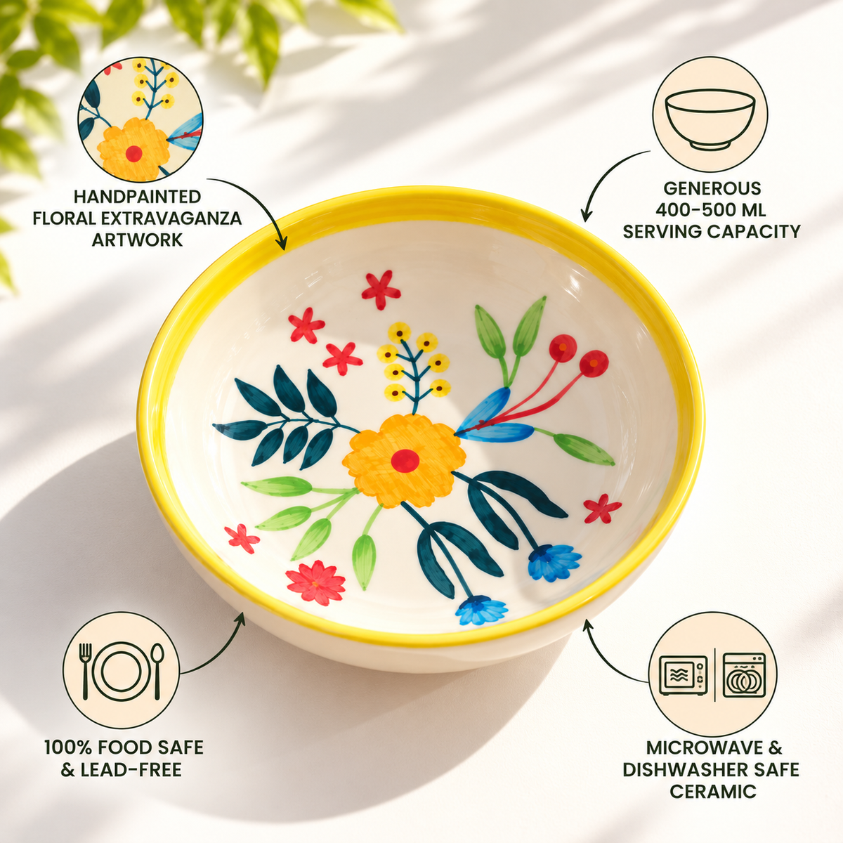 Floral Extravaganza Ceramic Shallow Bowl - Large (7.5 x 2 Inches)