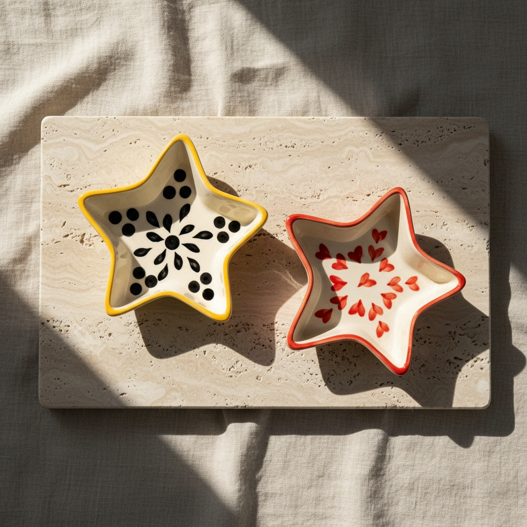 Two star-shaped ceramic bowls stacked vertically on a white background. The top bowl is cream-colored with a yellow rim and black floral dot patterns, and the bottom bowl is cream-colored with a red rim and red heart patterns.