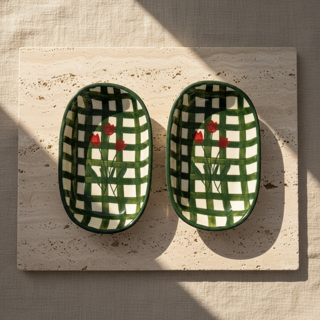 Two small oval ceramic dishes with a green and white checkered pattern and red tulip motifs, displayed side-by-side on a white background.
