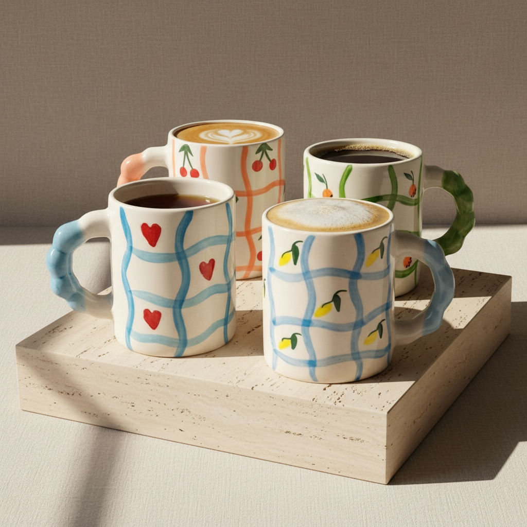 Four ceramic mugs with colorful painted patterns and handles, arranged on a white surface with coffee inside. The mugs feature cherry, orange, heart, and lemon motifs on cream backgrounds, with decorative handles in peach, green, blue, and white.