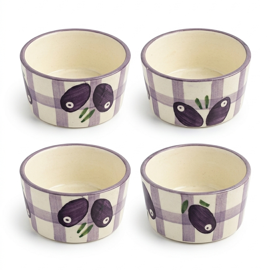 Set of four ceramic ramekins with purple checkered pattern and blackberry design on a white background