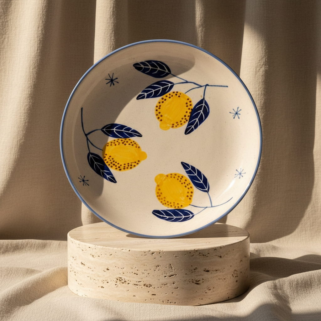 Ceramic plate with lemon design and measurements on a white background