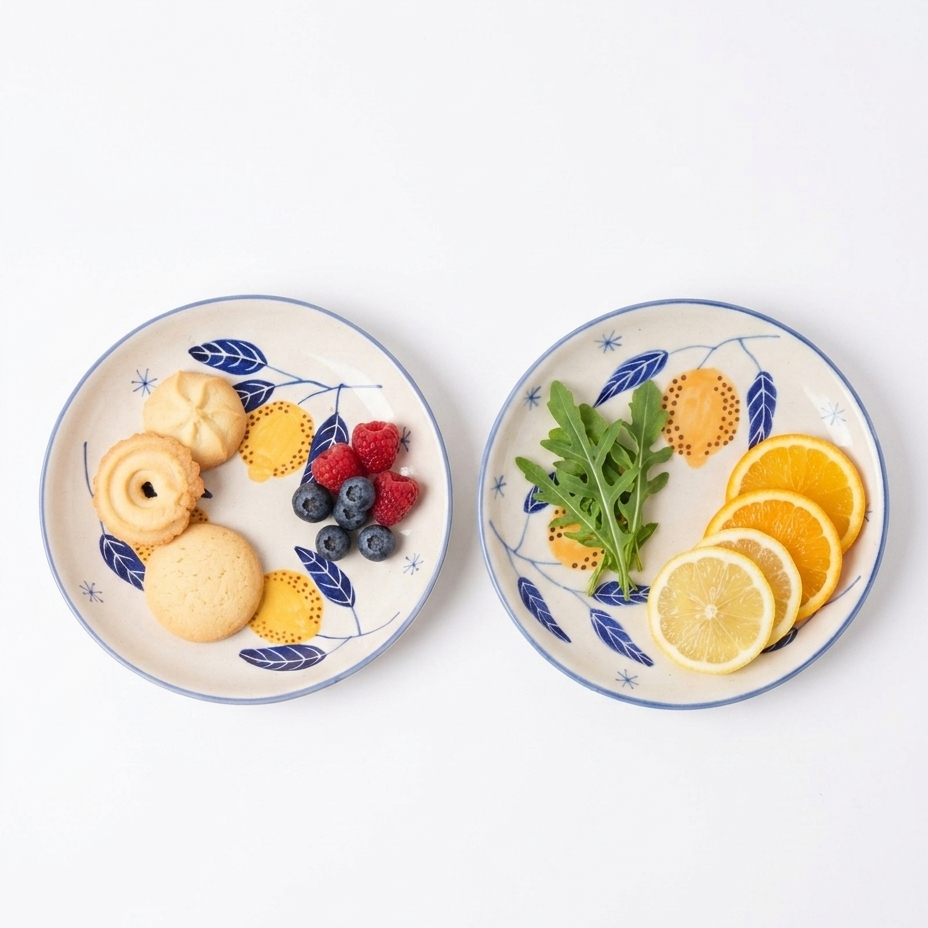 Two ceramic plates with decorative blue leaf patterns, one containing cookies and berries, the other with fruits and greens.