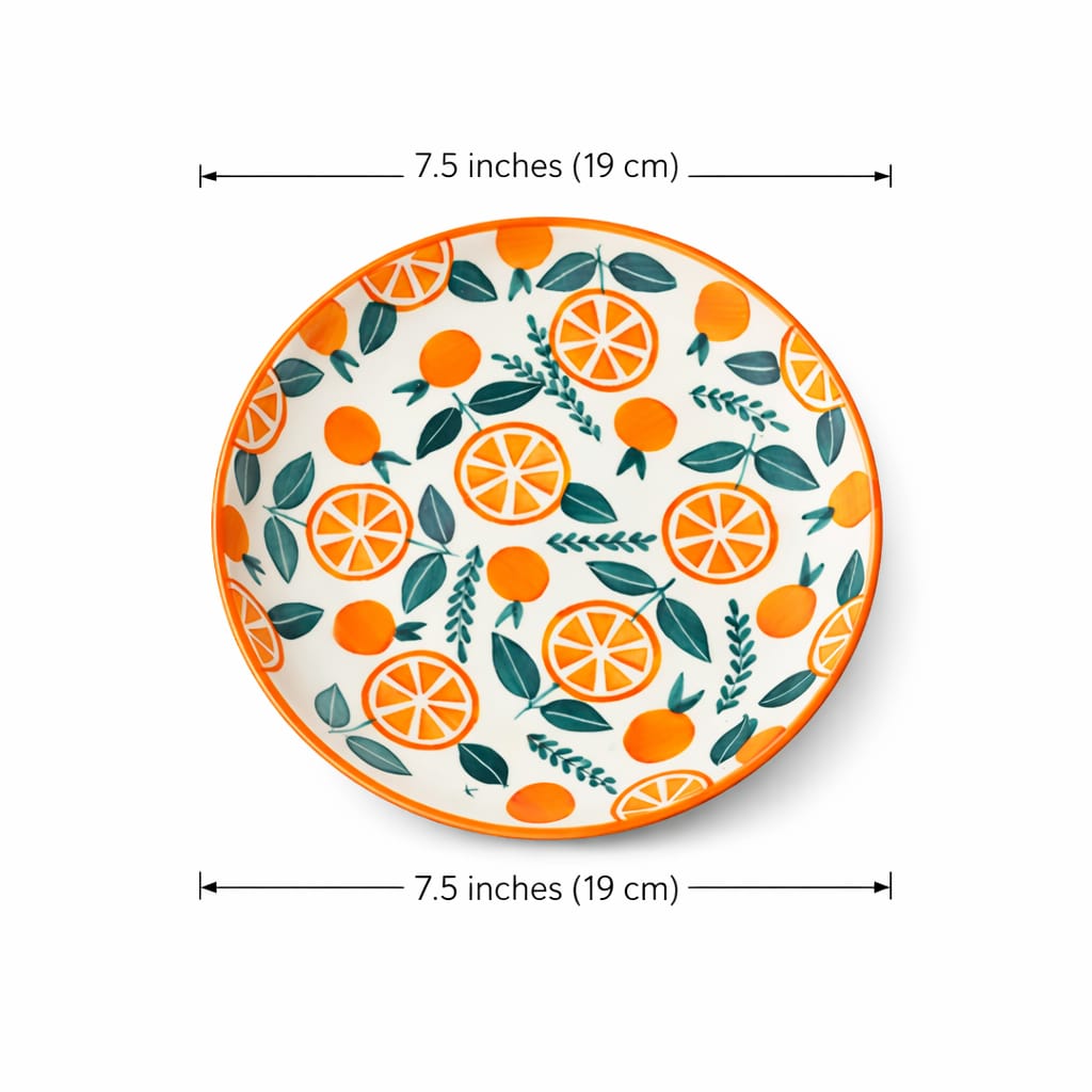 Decorative plate with orange pattern and measurements on a white background