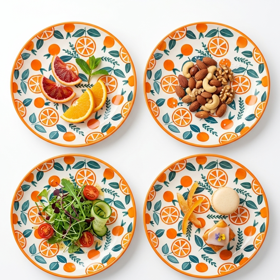 Four decorative plates with orange and leaf patterns, each containing different food items.