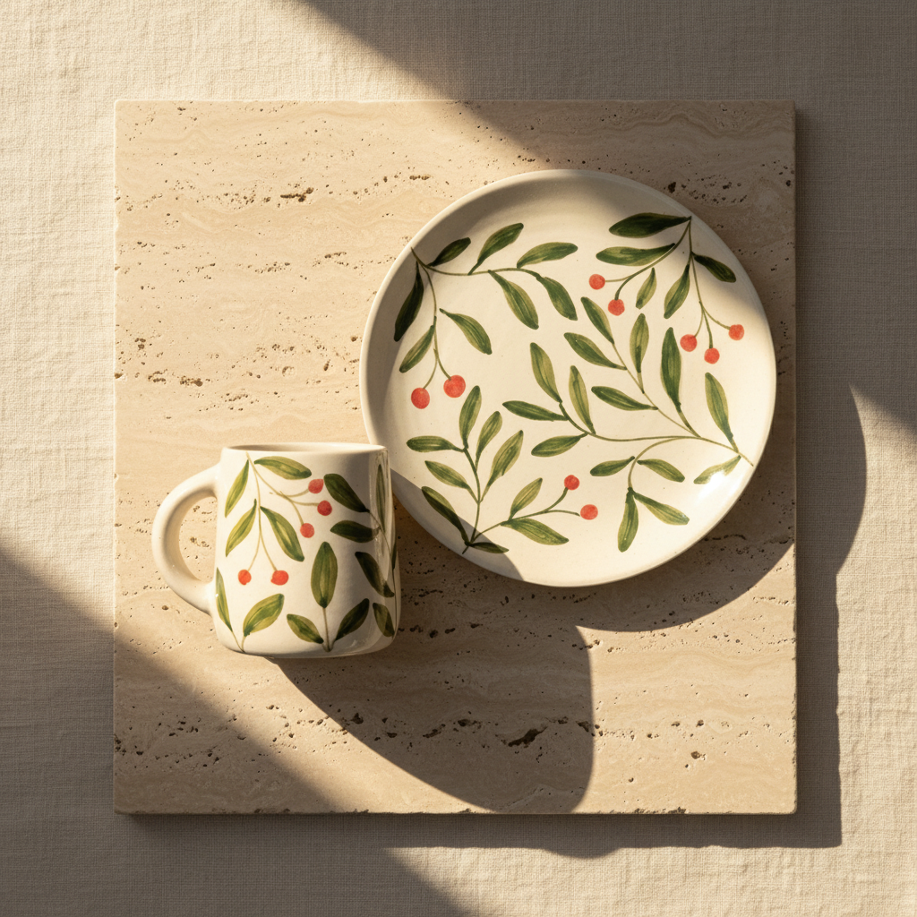 Olive Leaf Ceramic Set - Plate & Cup