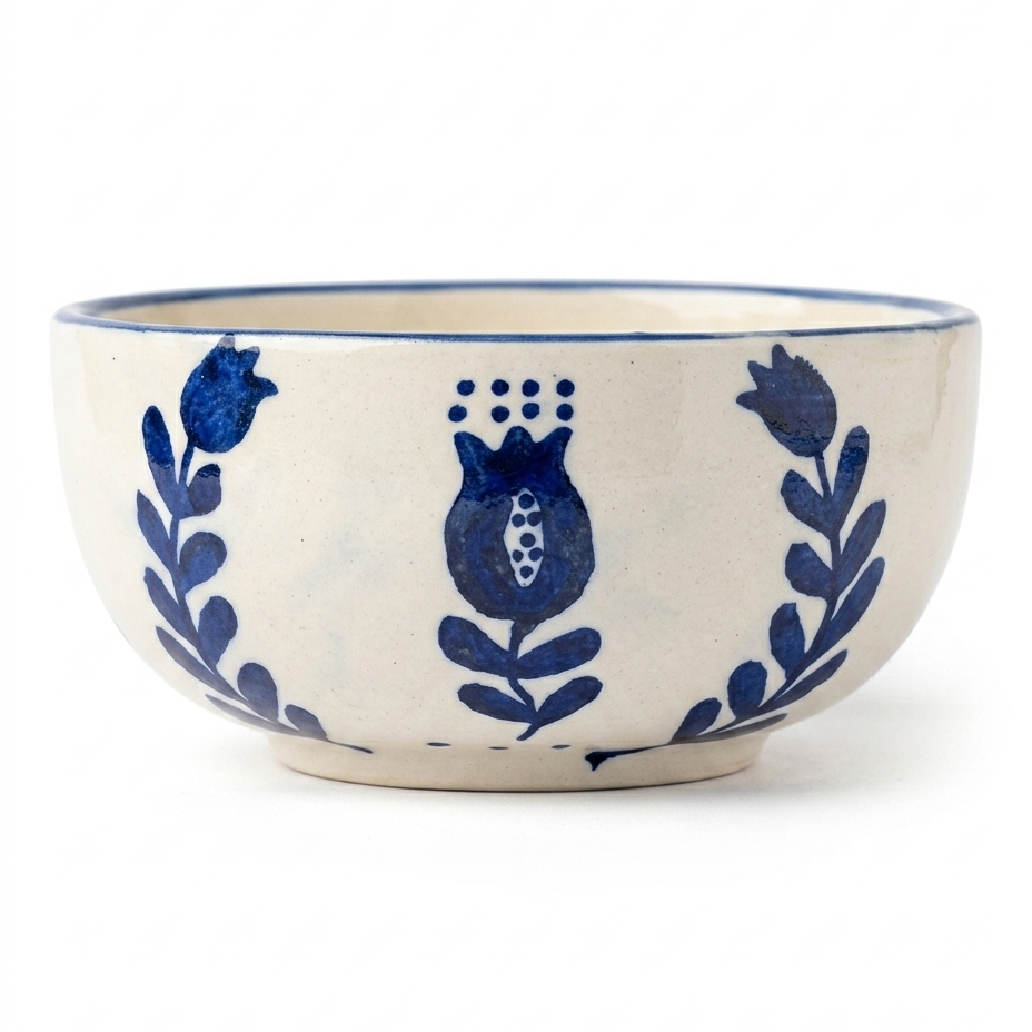 A white ceramic bowl decorated with a blue hand-painted floral and botanical pattern, shown against a plain white background.