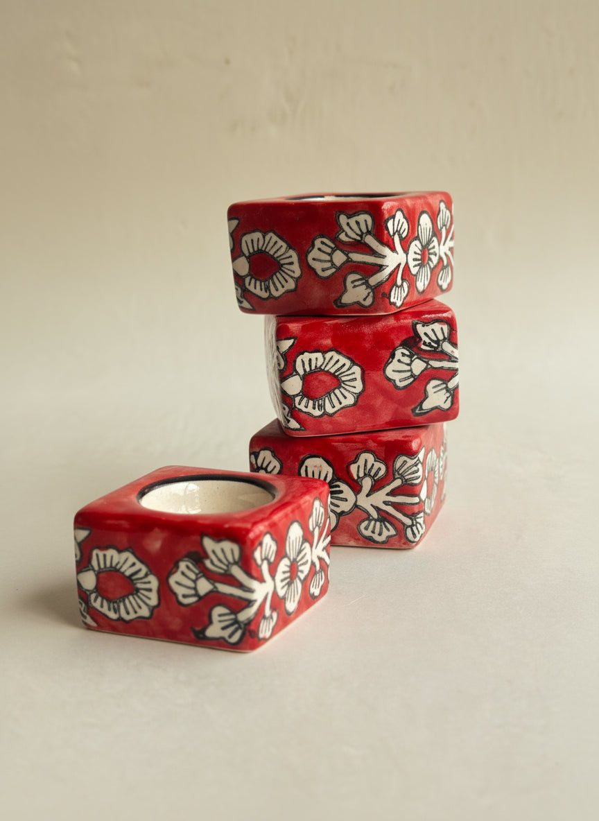 Square Ceramic Diya Set of 4 Red