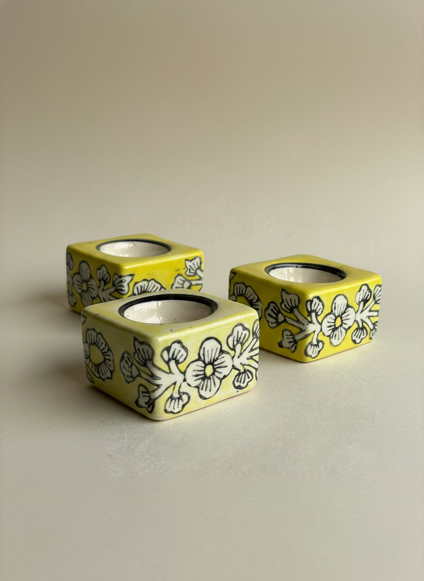 Square Ceramic Diya Set of 4 Light Yellow