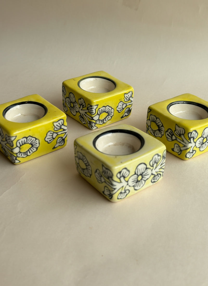 Square Ceramic Diya Set of 4 Light Yellow