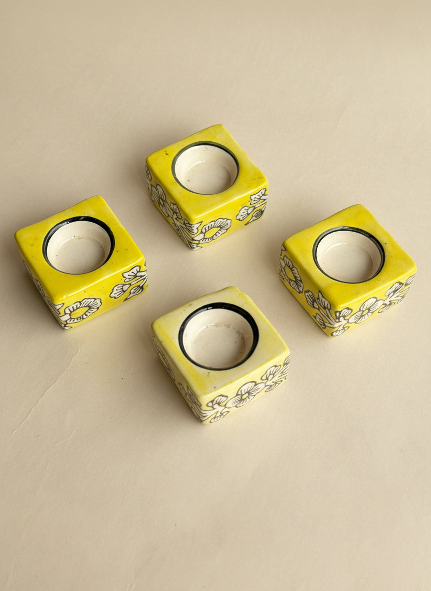 Square Ceramic Diya Set of 4 Light Yellow