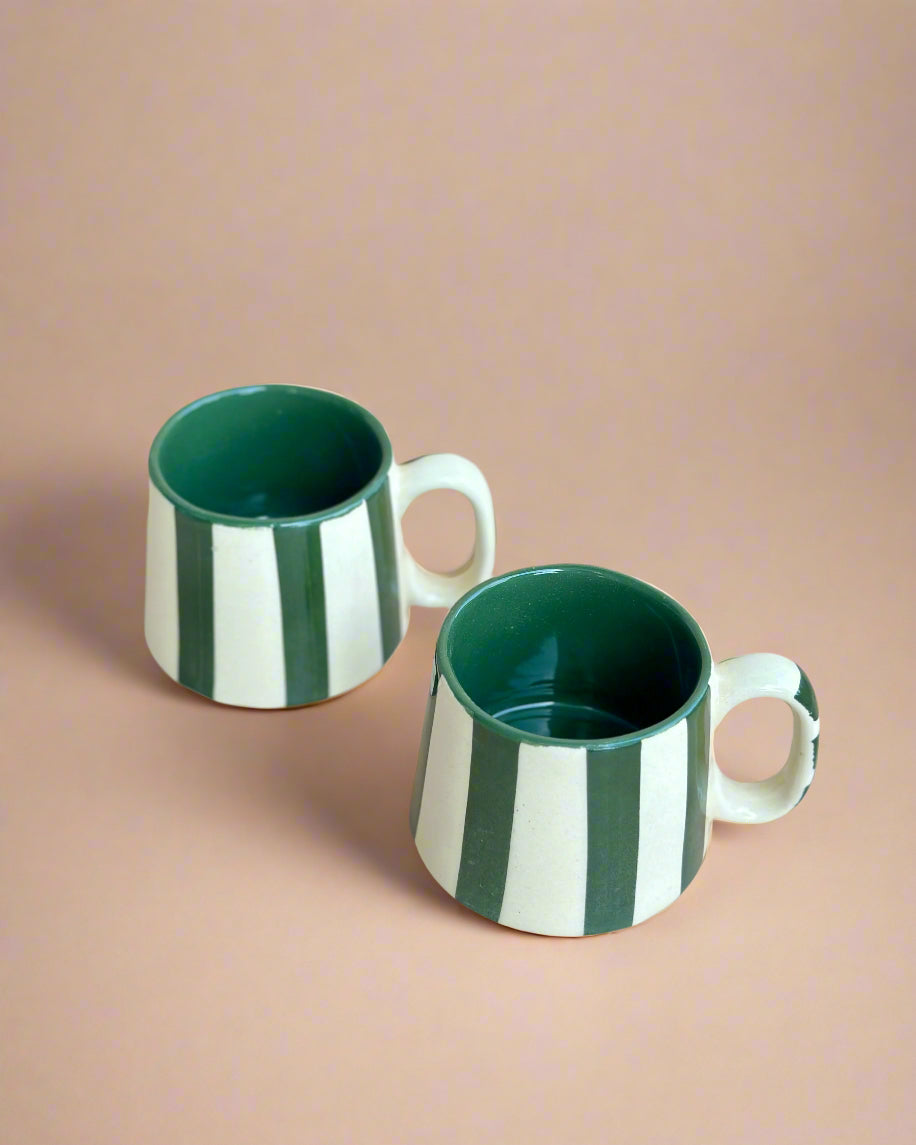 Forest Green Stripe Ceramic Cups- 220ml