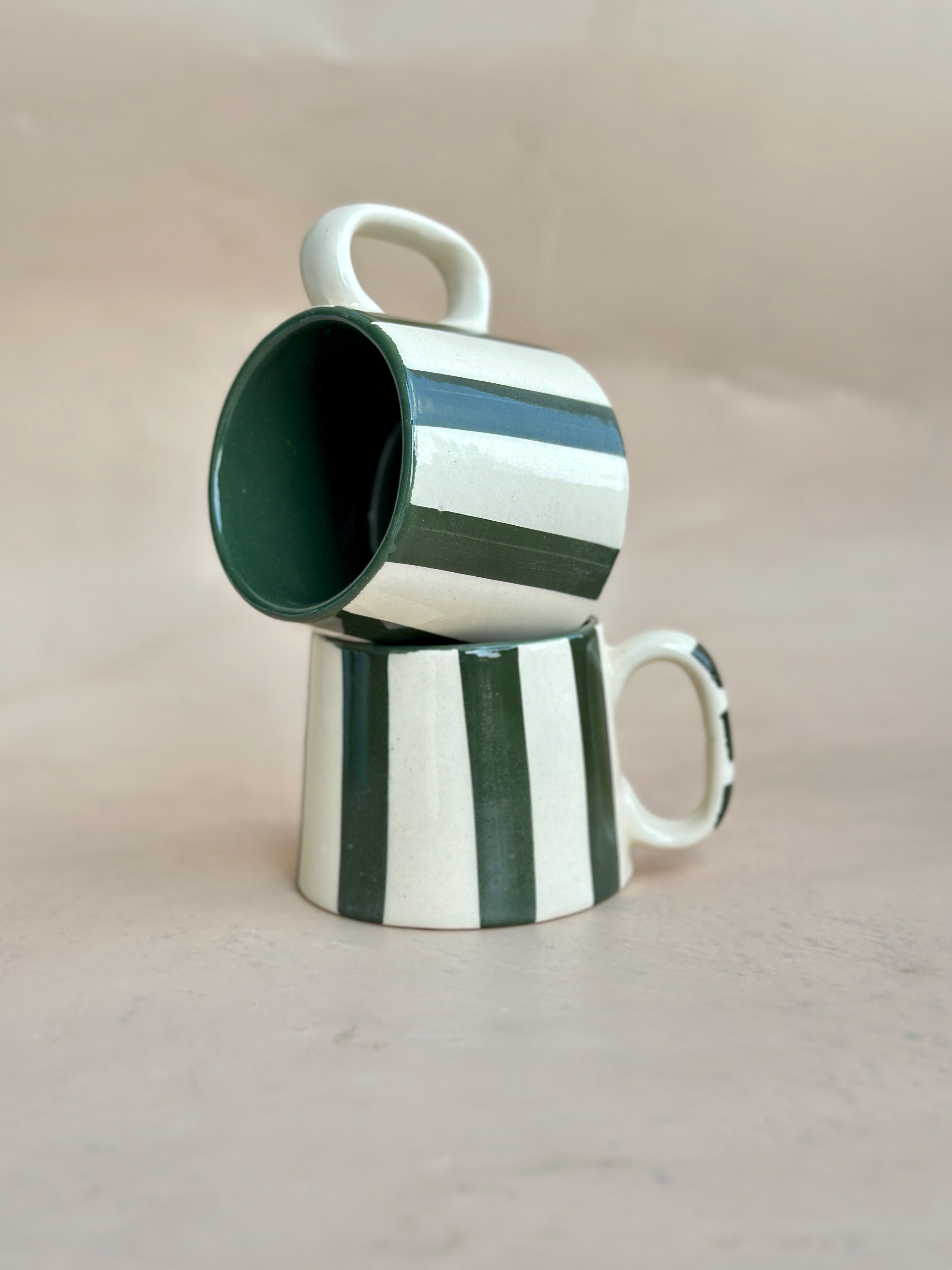 Forest Green Stripe Ceramic Cups- 220ml