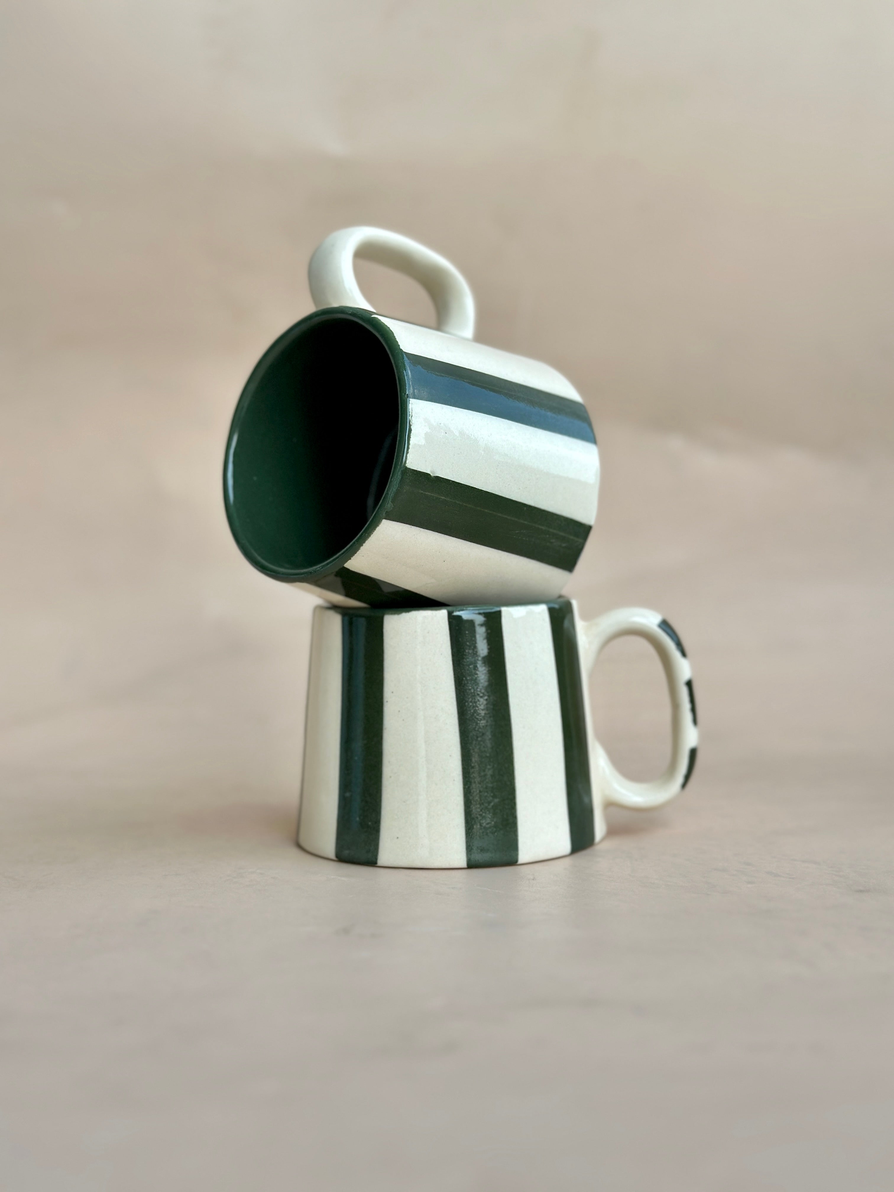 Forest Green Stripe Ceramic Cups- 220ml