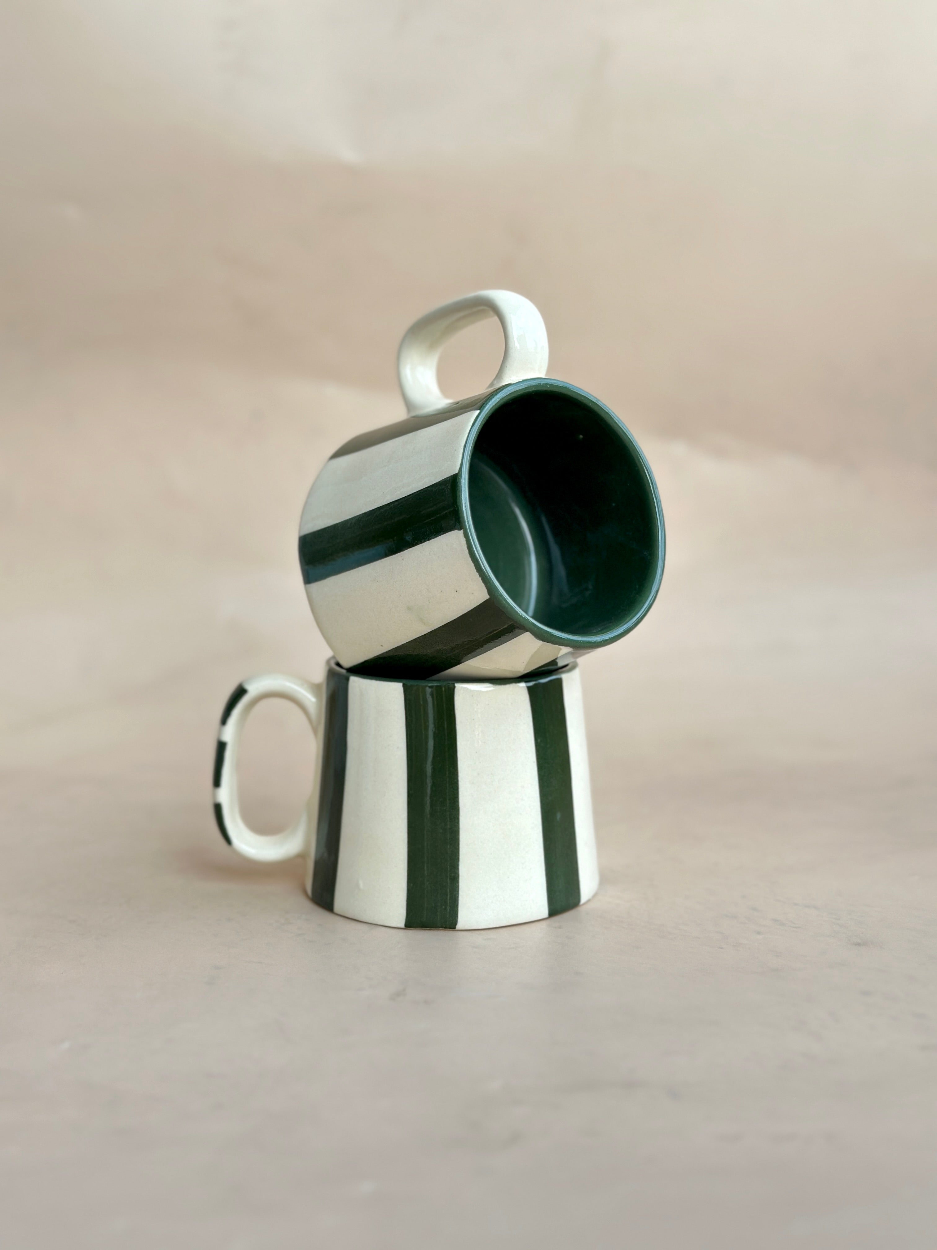Forest Green Stripe Ceramic Cups- 220ml