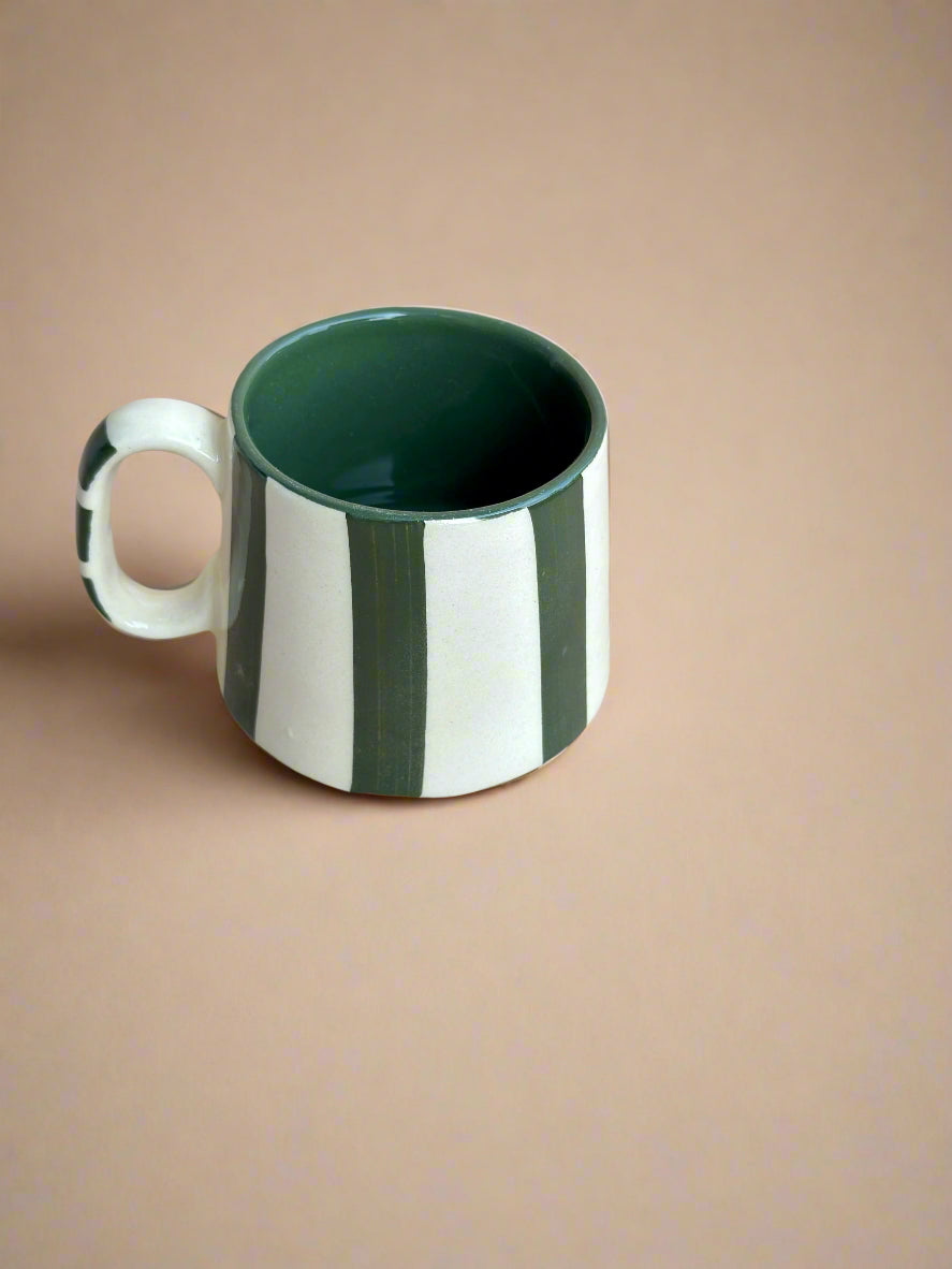 Forest Green Stripe Ceramic Cups- 220ml