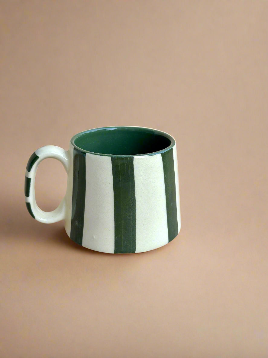 Forest Green Stripe Ceramic Cups- 220ml