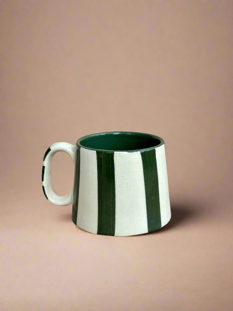 Forest Green Stripe Ceramic Cups- 220ml