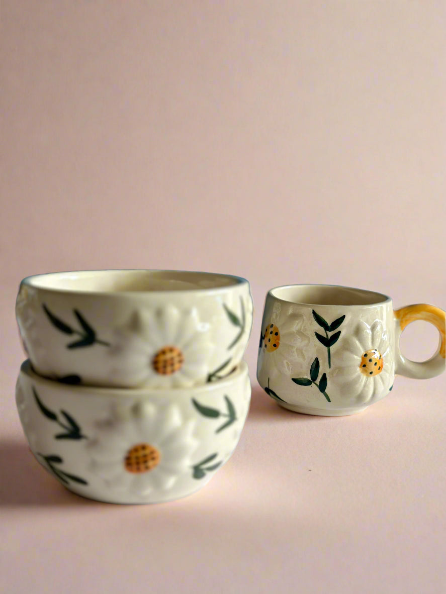 Embossed Sunflower Ceramic Cup & Bowl Combo