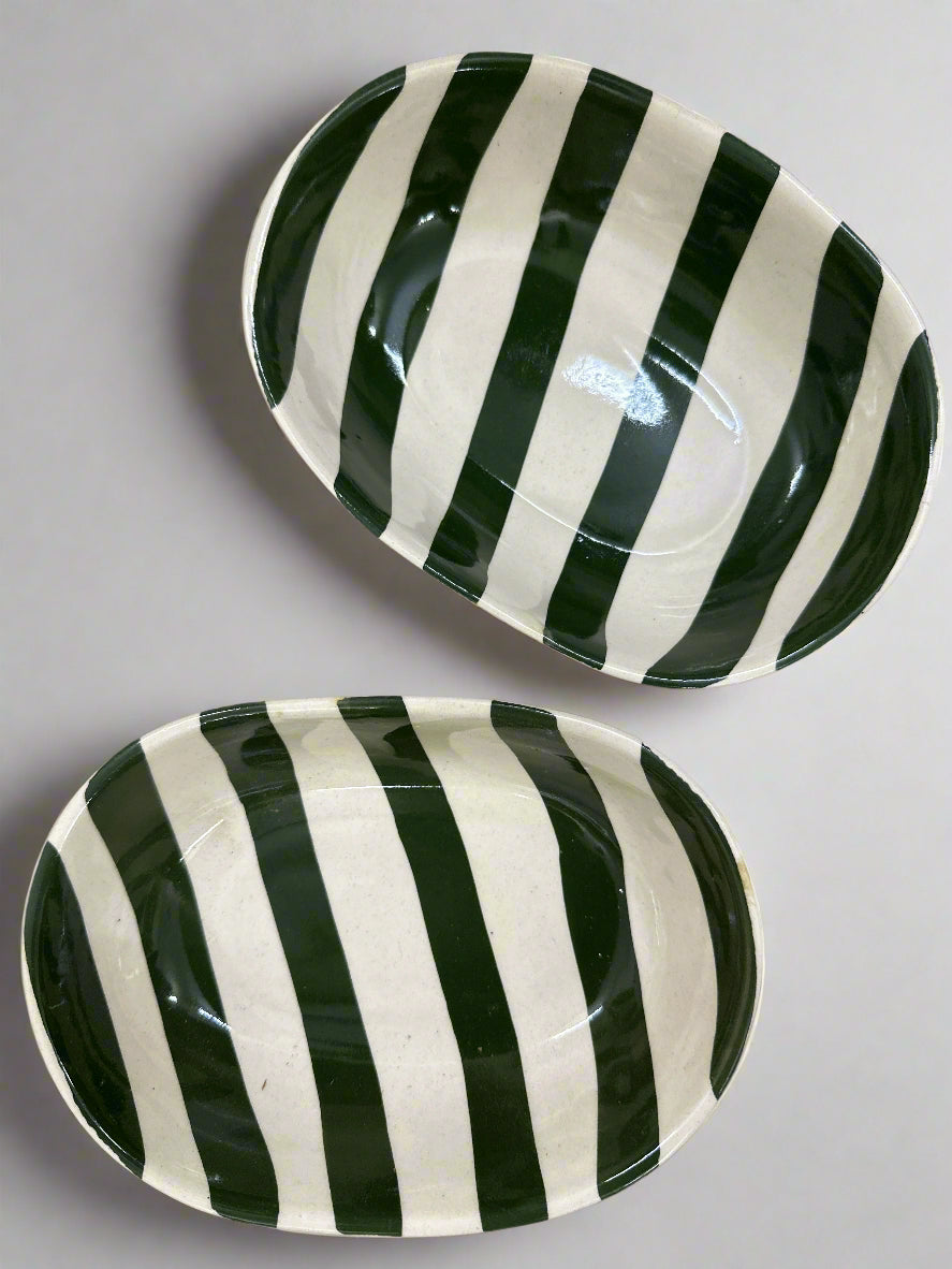 Vintage Army Green Stripe Ceramic Bowl