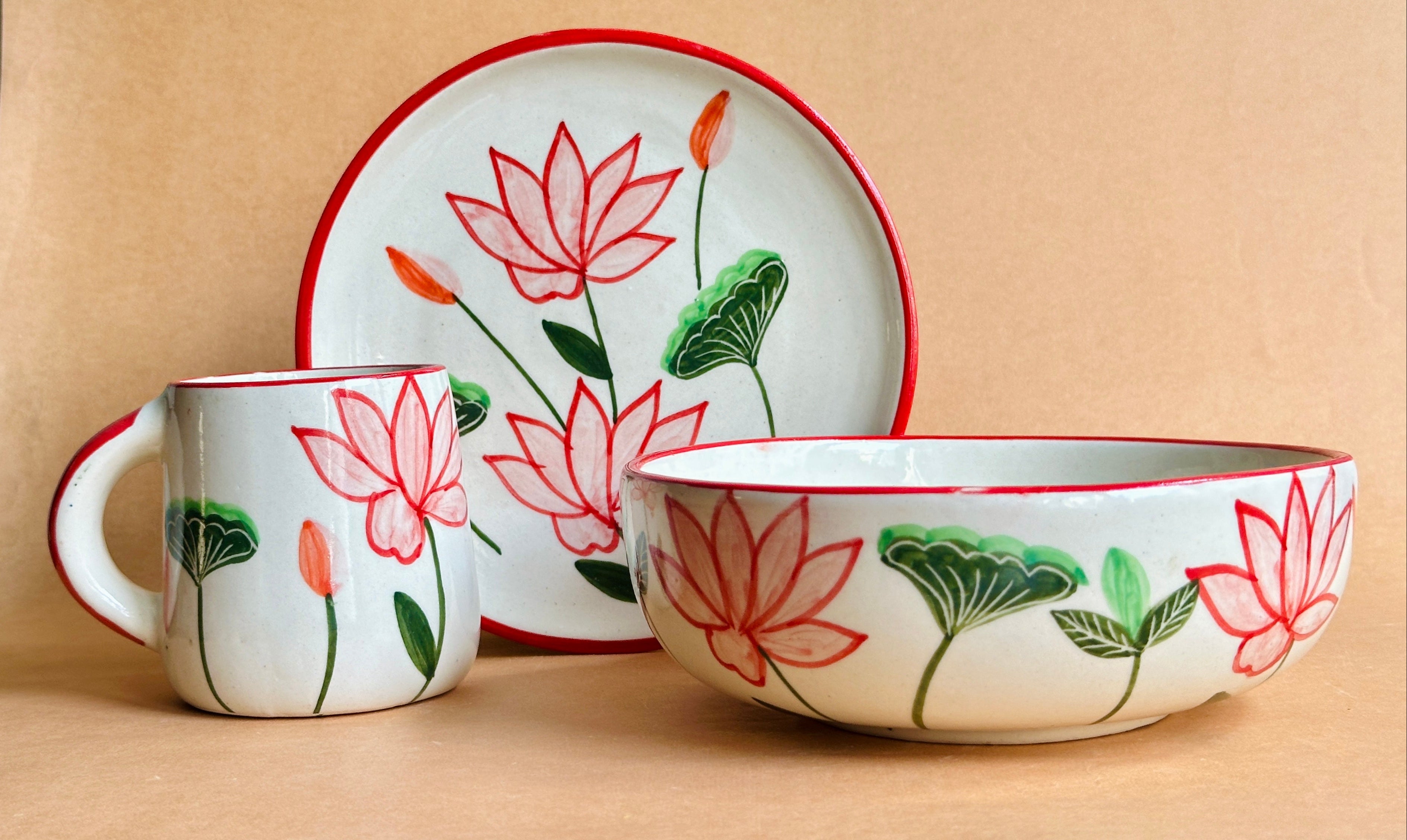 Lotus Handpainted Ceramic Breakfast Set of 3