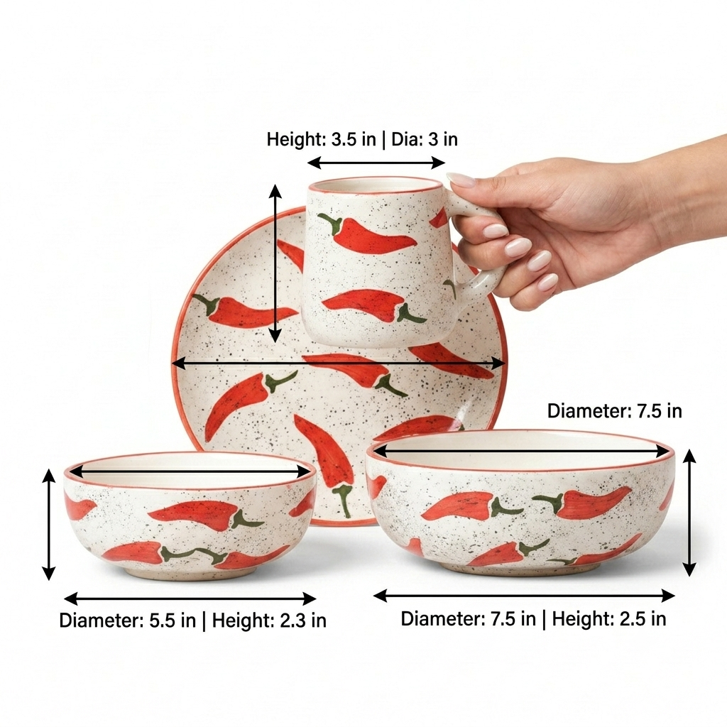Three ceramic tableware pieces with a red chili pepper print on a speckled cream background, shown with measurement arrows and labels for height, diameter, and depth. A hand is holding the smaller cup, and the items are arranged on a clean white background.