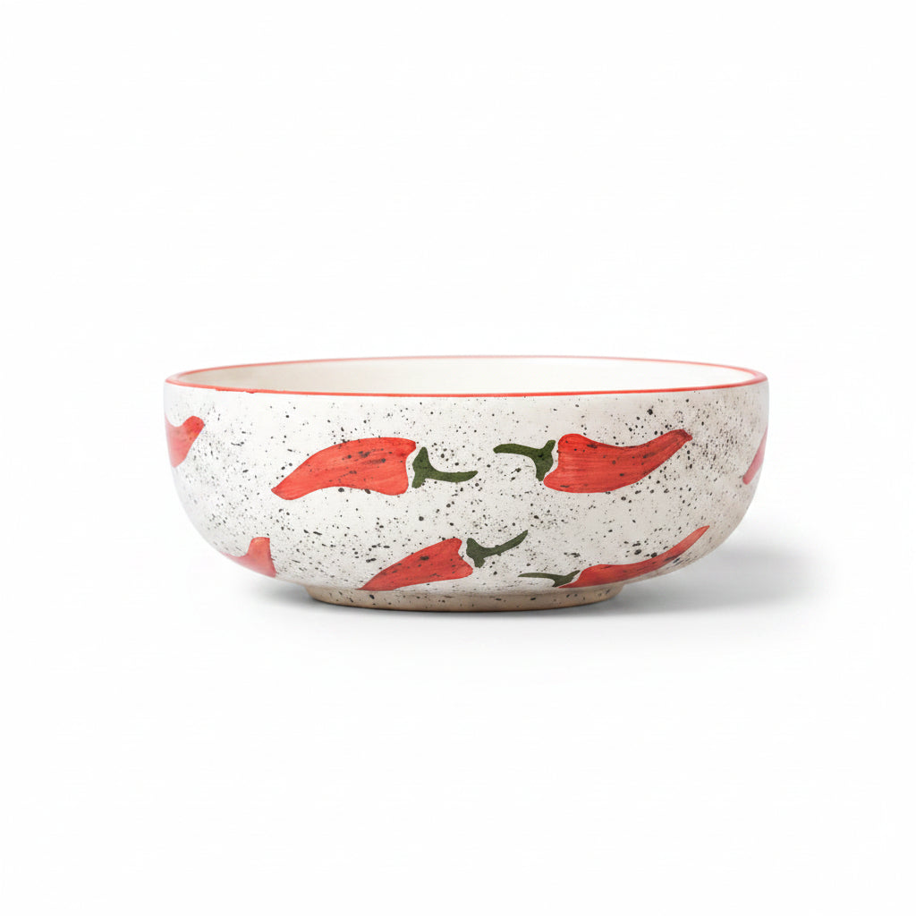 Ceramic bowl with red chili pepper design on a beige background