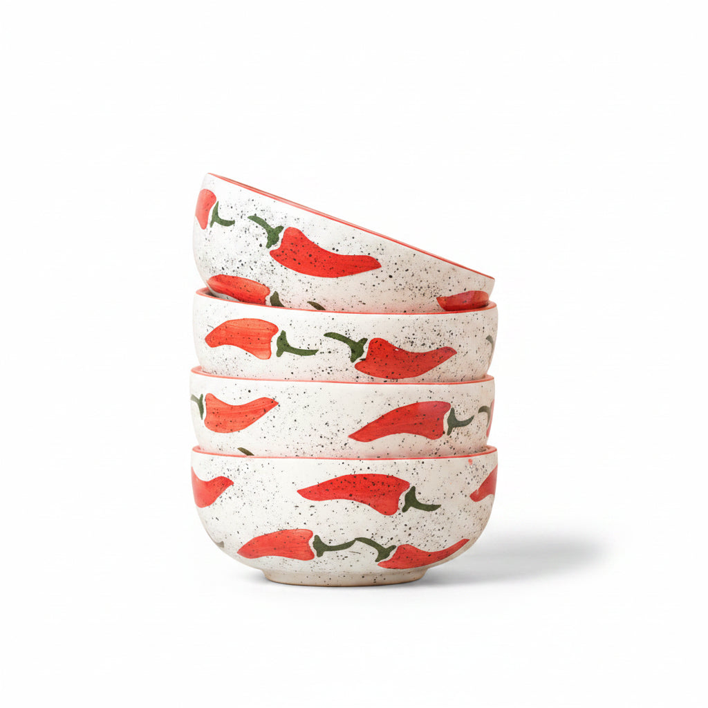 Set of four ceramic bowls with red chili pepper design on a beige background