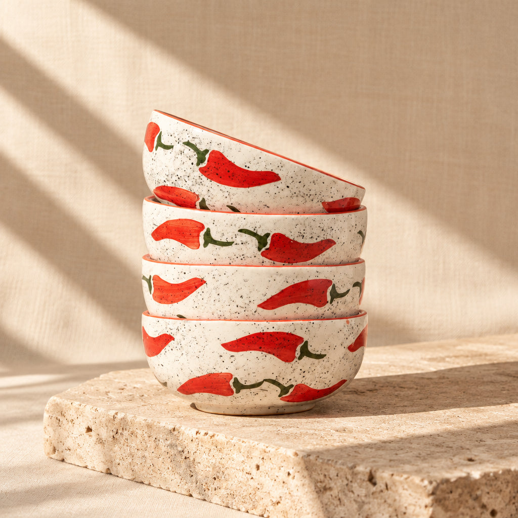 Set of four ceramic bowls with red chili pepper design on a beige background