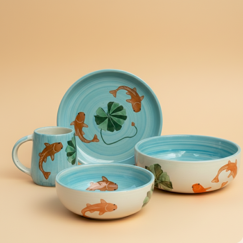 Ceramic tableware set with fish and leaf designs on a beige background
