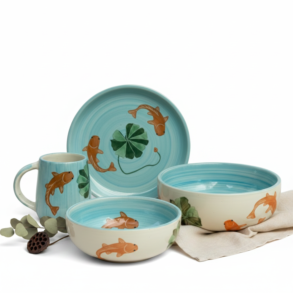 Ceramic tableware set with fish and leaf designs on a beige background