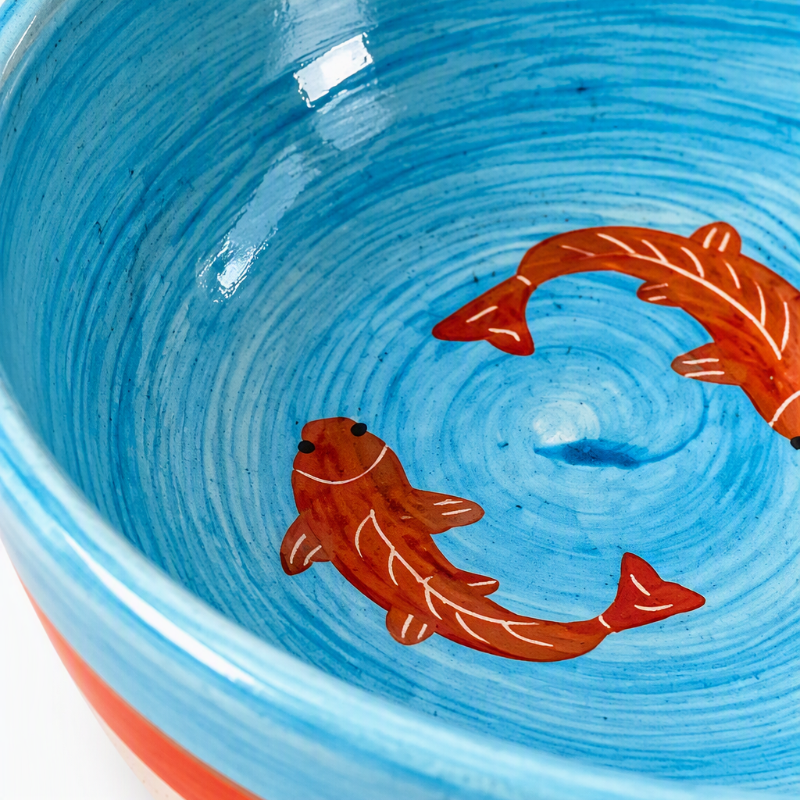 Koi Mulaqaat Fish Hand-Painted Ceramic Bowl - Large (Blue & Orange)