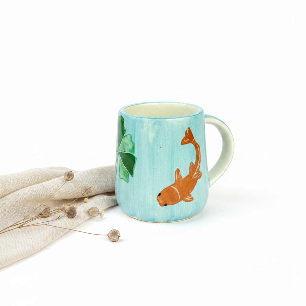 Ceramic mug with a fish design on a light blue background, placed on a white surface with a beige cloth and dried flowers.