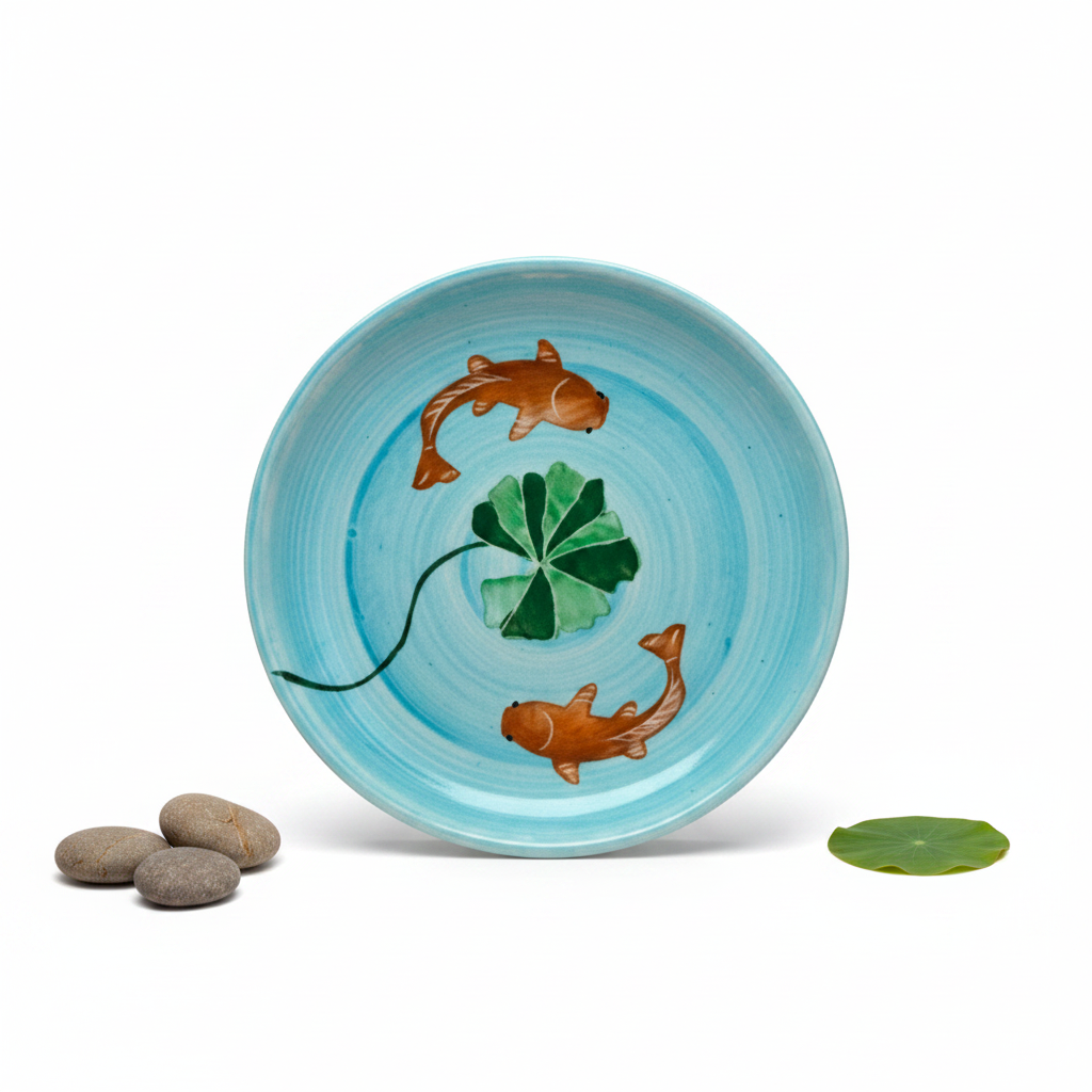 Ceramic plate with fish and lily pad design on a white background