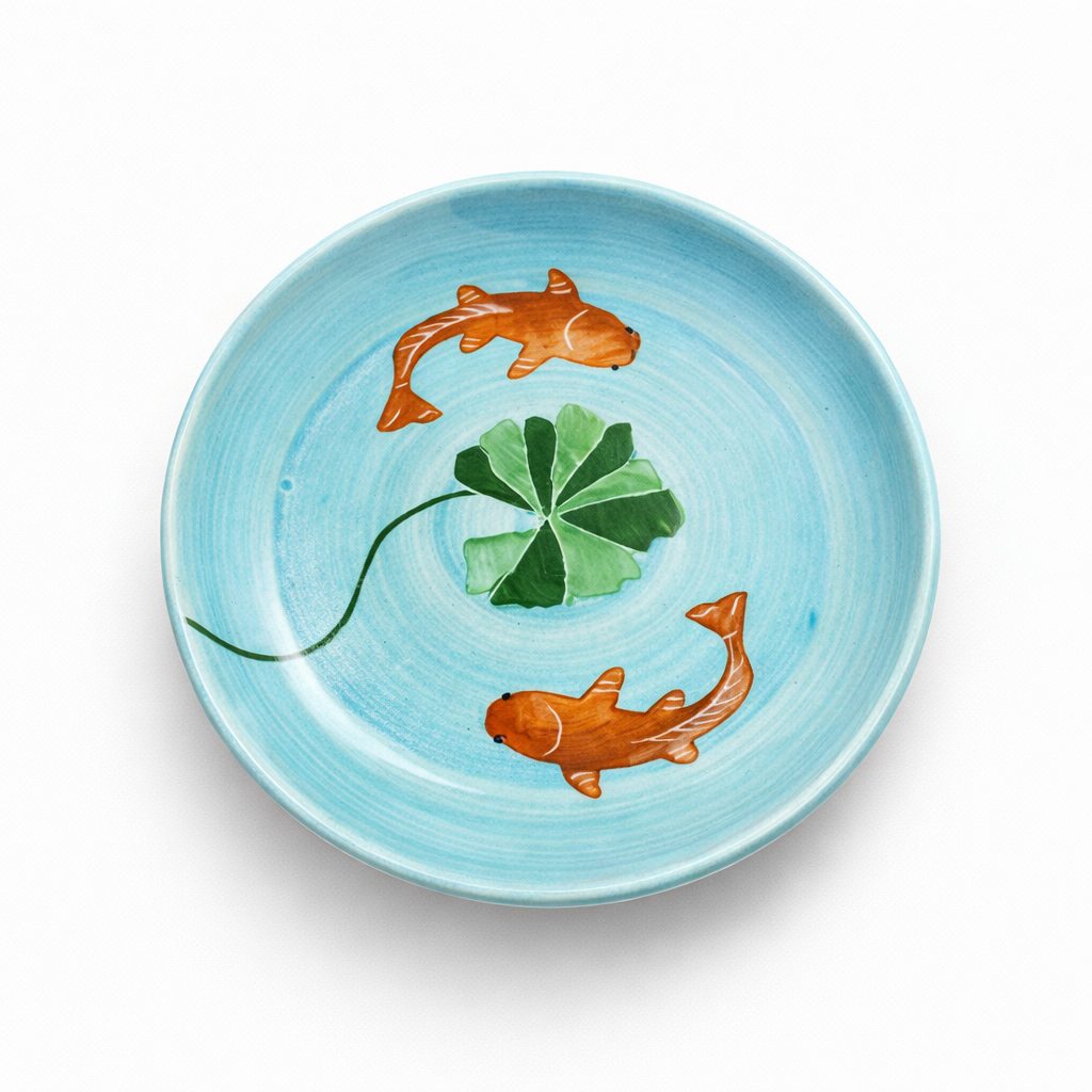 Ceramic plate with hand-painted design of two goldfish and a lily pad on a light blue background.