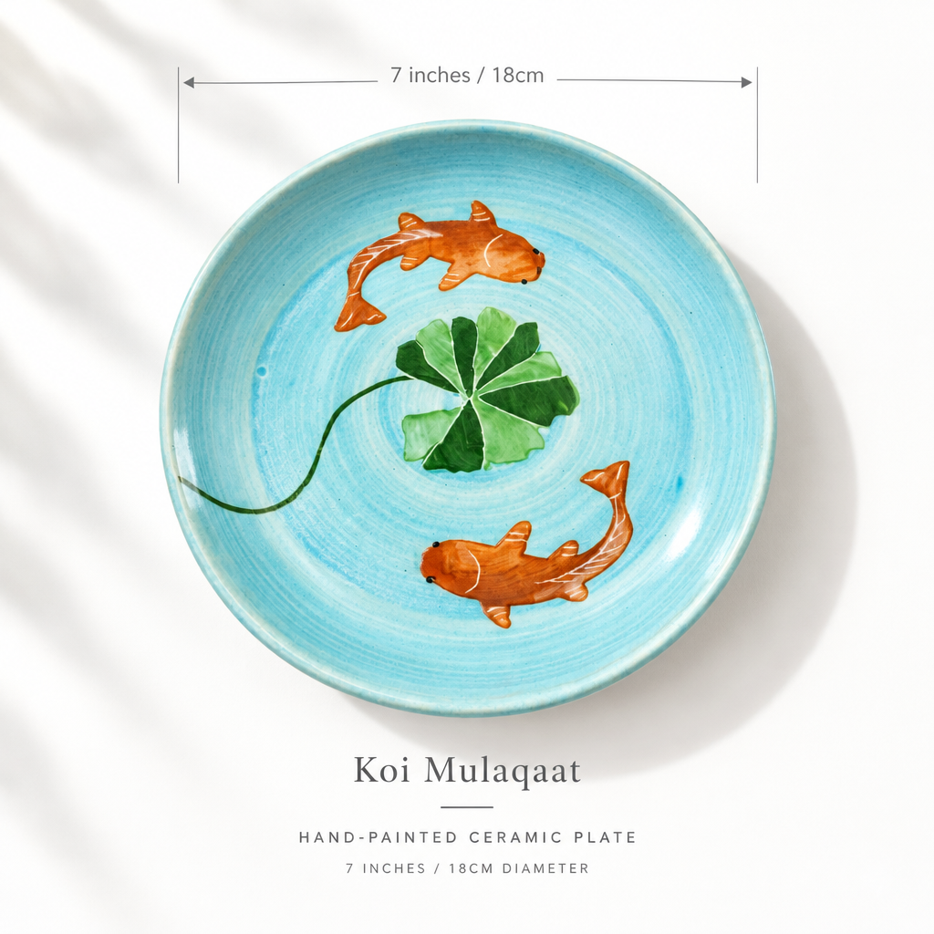 Ceramic plate with hand-painted design of two goldfish and a lily pad on a light blue background.