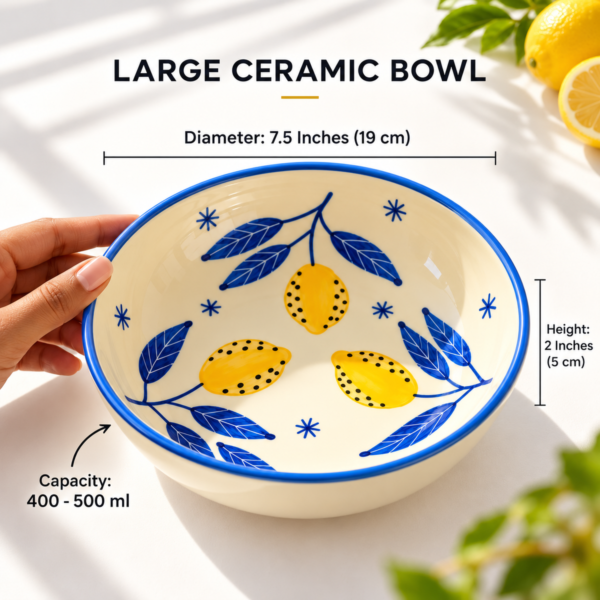 Lemon Leafy Ceramic Shallow Bowl - Large (7.5 x 2 Inches)