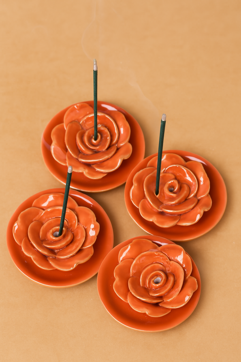 Orange Rose Ceramic Incense Holders - Handcrafted Fragrance Diffusers (Set of 4)
