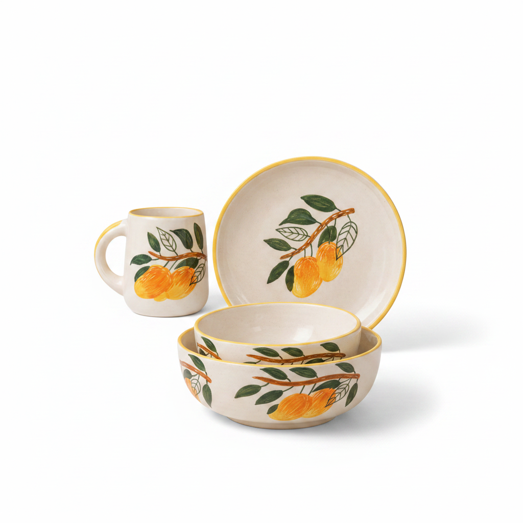 Ceramic set with bowls and a mug featuring mango and leaf design on a beige background