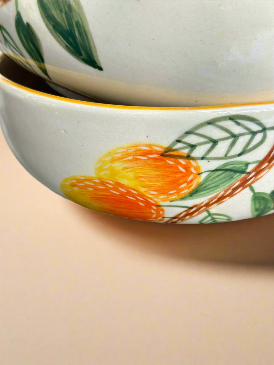 Ceramic bowl with fruit design on a white background