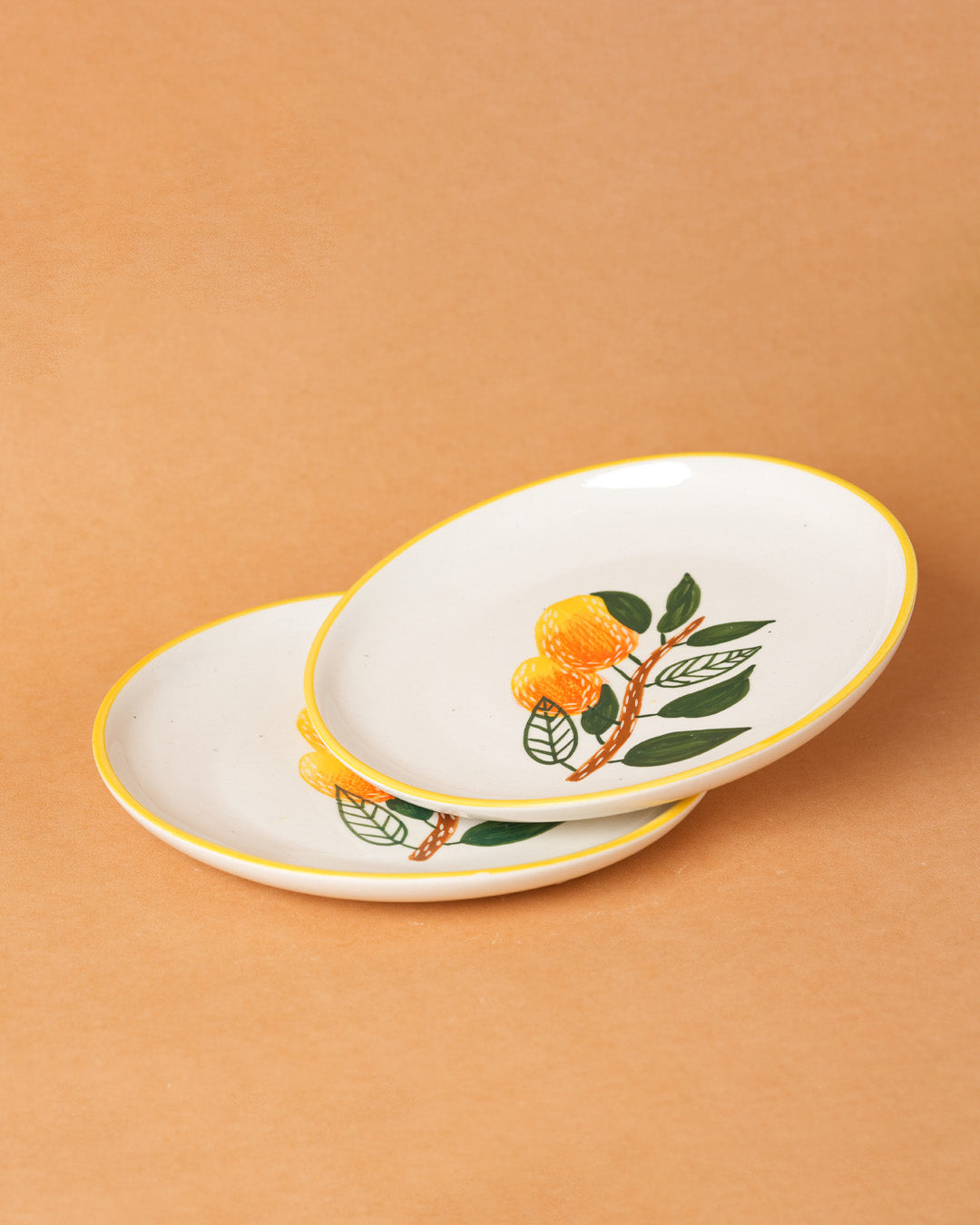 Two ceramic plates with floral design on a brown background