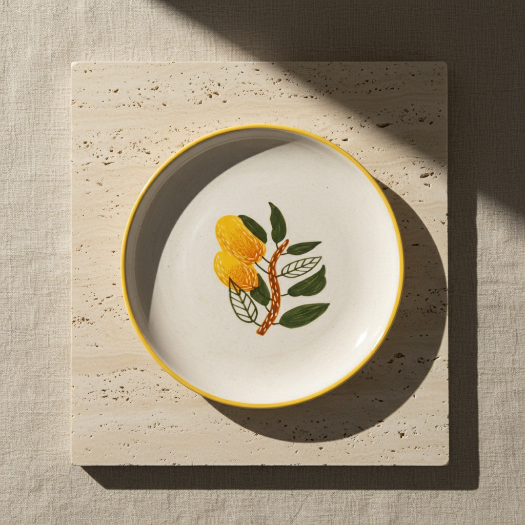 Decorative plate with yellow floral design on a white background