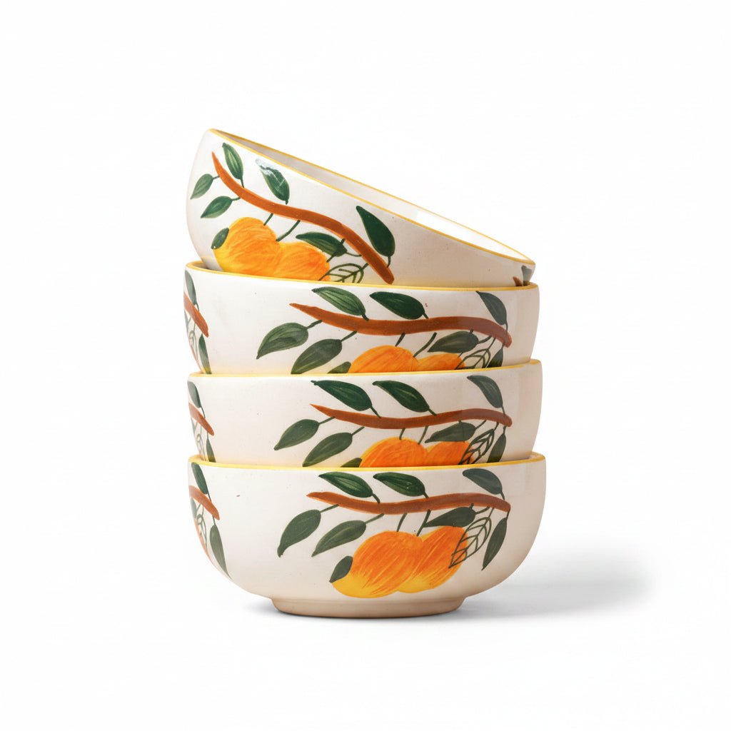 Set of four ceramic bowls with orange and leaf design on a beige background
