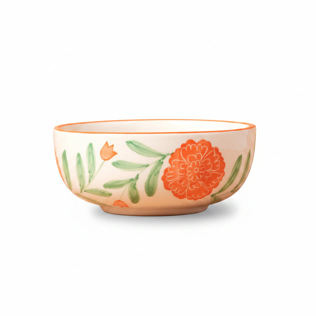 Marigold Mandi handpainted ceramic bowl featuring beautiful and festive marigold motifs.